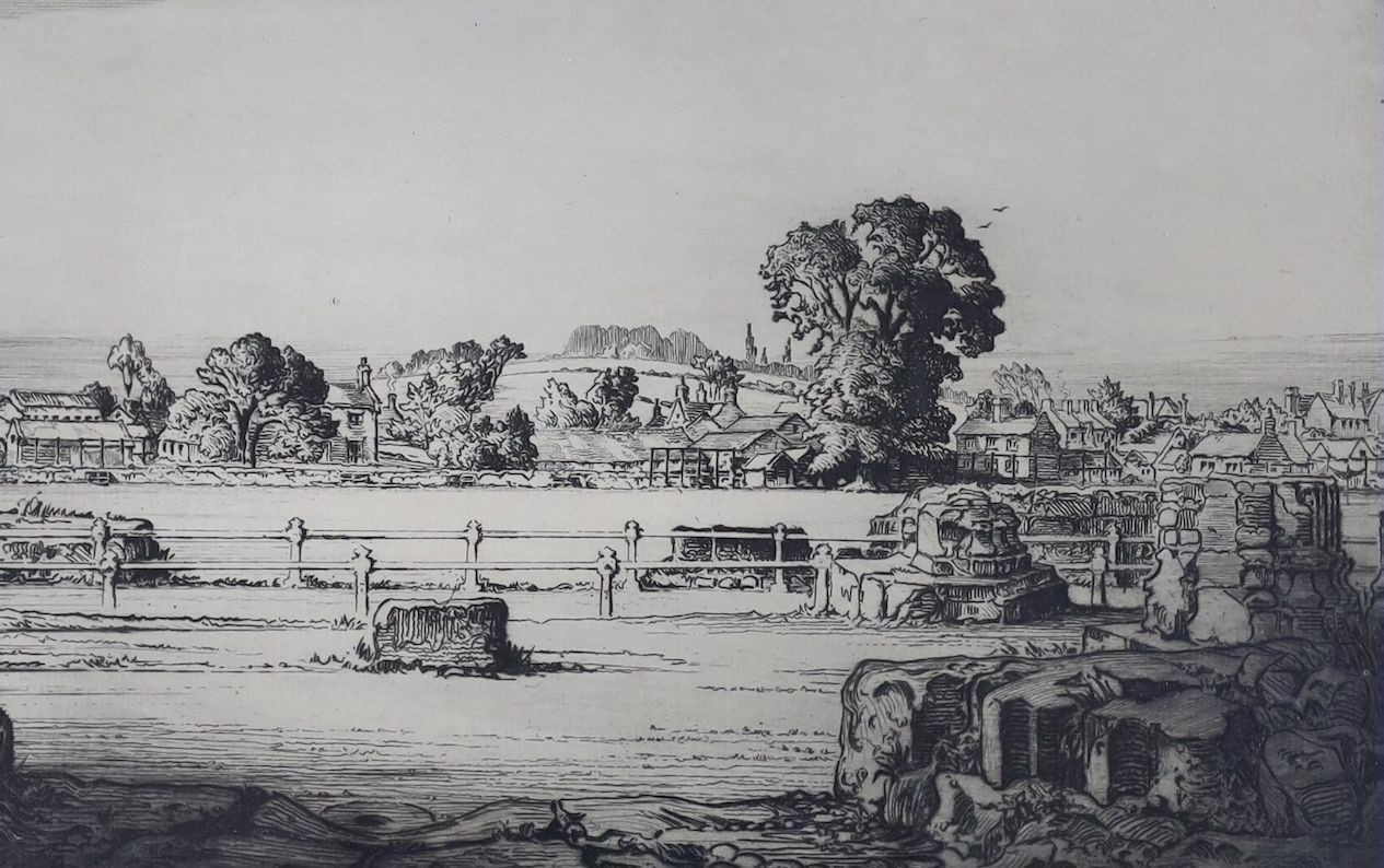 William Monk (1863-1937), drypoint etching, English landscape with ruins, signed in pencil, 18 x 28cm